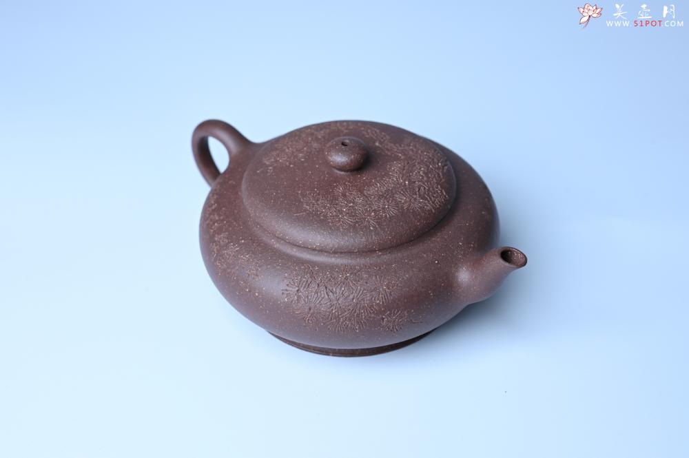 紫砂壶图片：美壶特惠 特好紫泥扁玉壶 装饰不老松 文气十足 - 全手工紫砂壶网