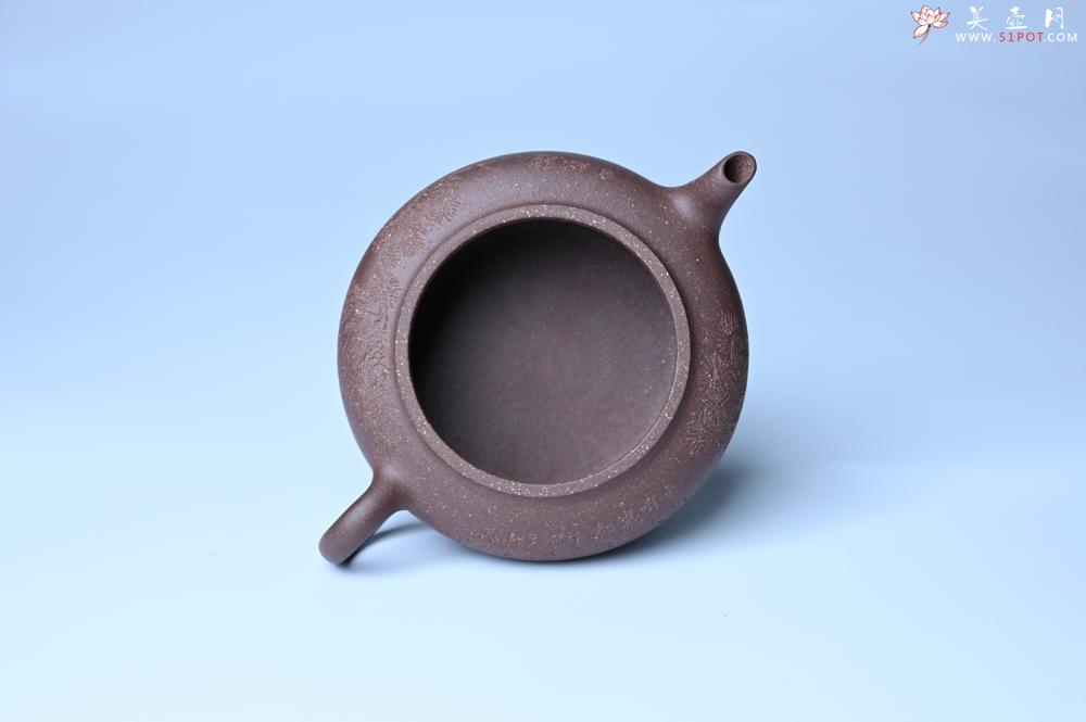 紫砂壶图片：美壶特惠 特好紫泥扁玉壶 装饰不老松 文气十足 - 全手工紫砂壶网